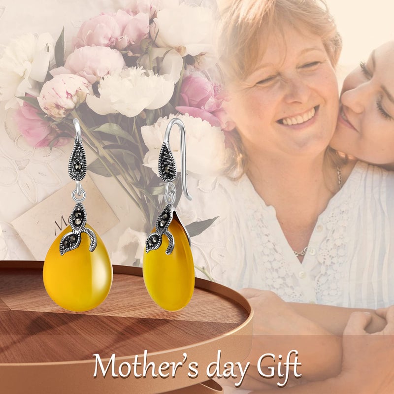 EVER FAITH 925 Sterling Silver Yellow Chalcedony Crystal Retro Black Leaf Teardrop Hook Earrings - Image 2